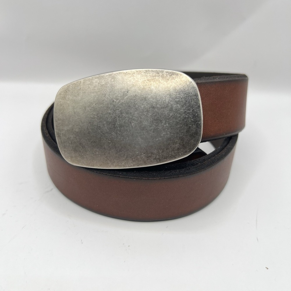 Brown Leather Dress Belt with Rounded Rectangle Silver Tone Buckle 40 Classic